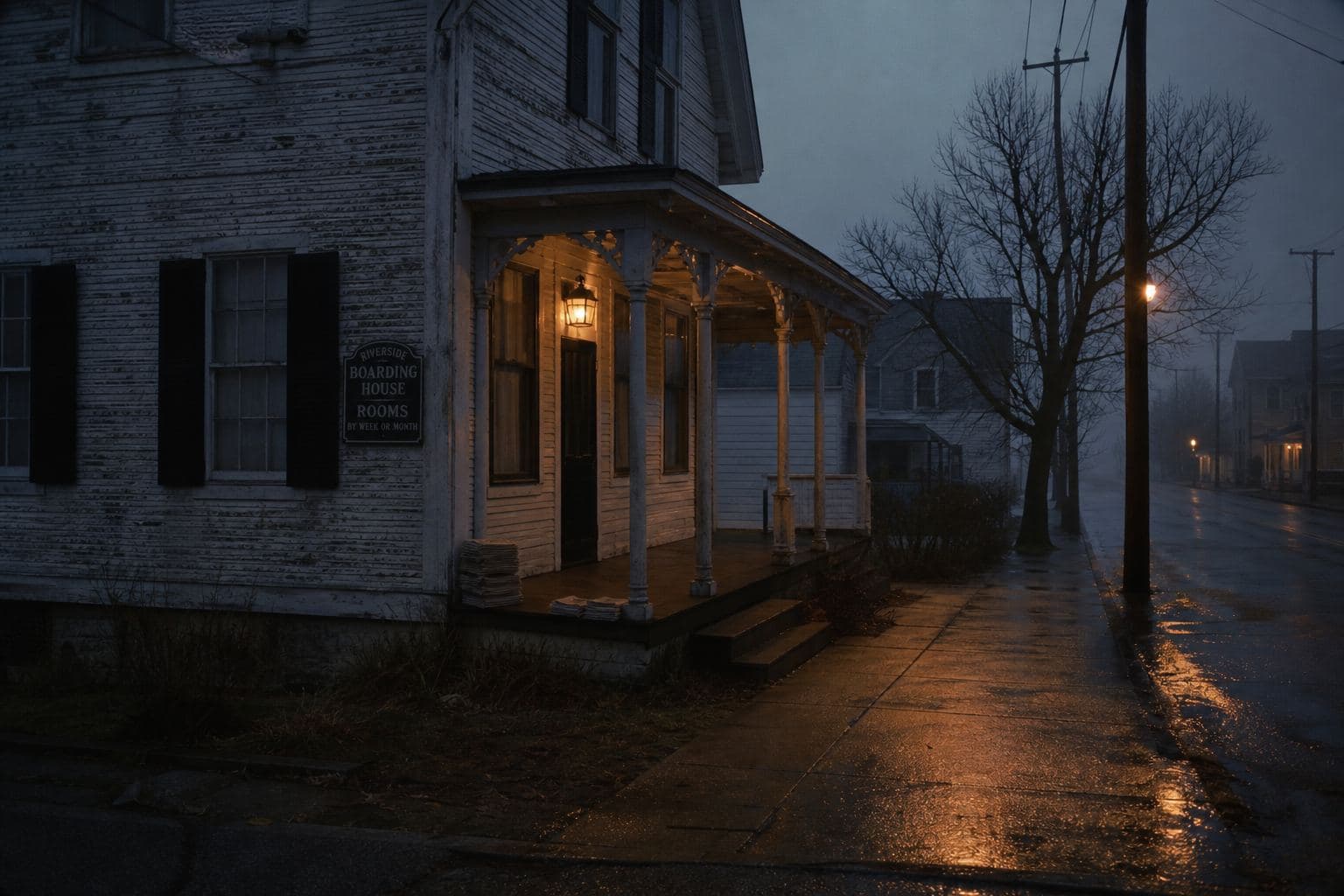 Old boarding house on a quiet Vallen street at dusk, rain, warm porch light