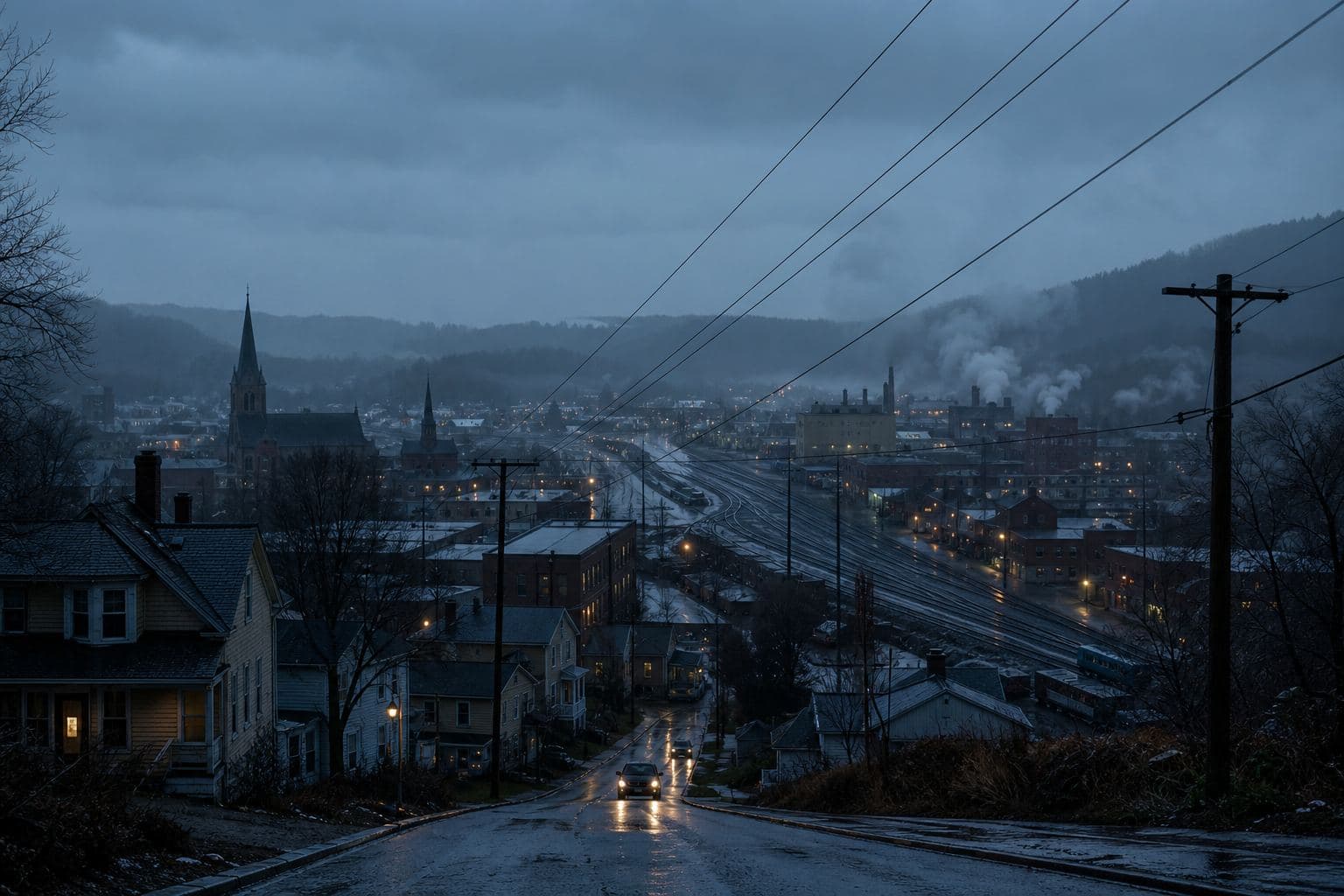 Small town rooftops at dusk, church steeple, rail lines, fog, warm window lights