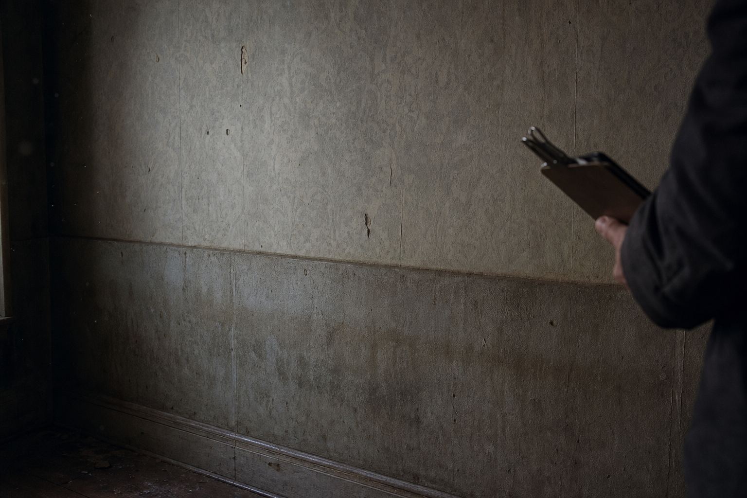 A faint waterline on the boarding house hallway wall